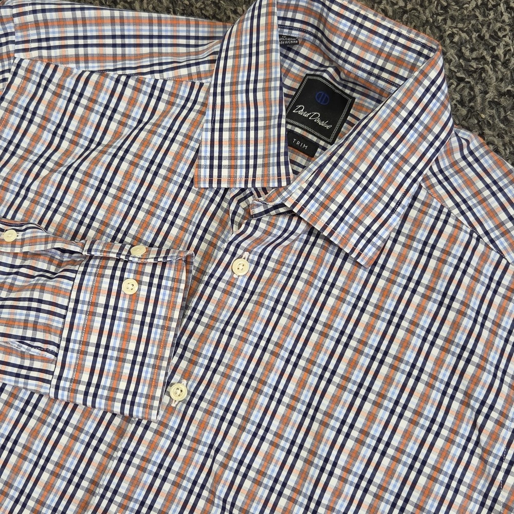 David Donahue Dress Shirt 16 34/35 Trim Fit Plaid Cotton Long Sleeve